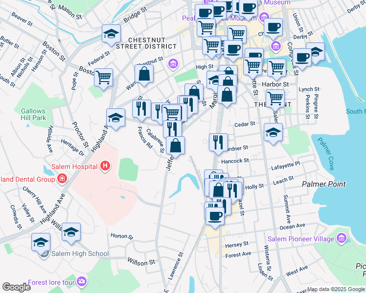 map of restaurants, bars, coffee shops, grocery stores, and more near 53 Jefferson Avenue in Salem