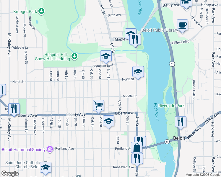 map of restaurants, bars, coffee shops, grocery stores, and more near 259 Middle Street in Beloit