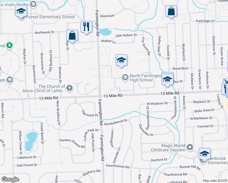 map of restaurants, bars, coffee shops, grocery stores, and more near 32910 West 13 Mile Road in Farmington Hills