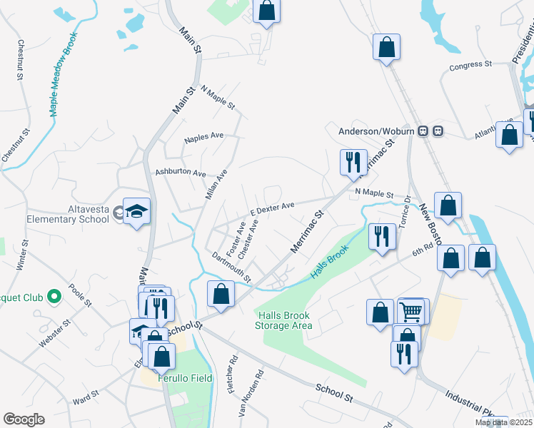 map of restaurants, bars, coffee shops, grocery stores, and more near 100 East Dexter Avenue in Woburn