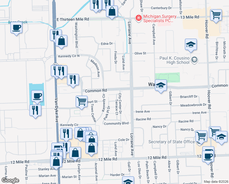 map of restaurants, bars, coffee shops, grocery stores, and more near 29930 Terrace Court in Warren
