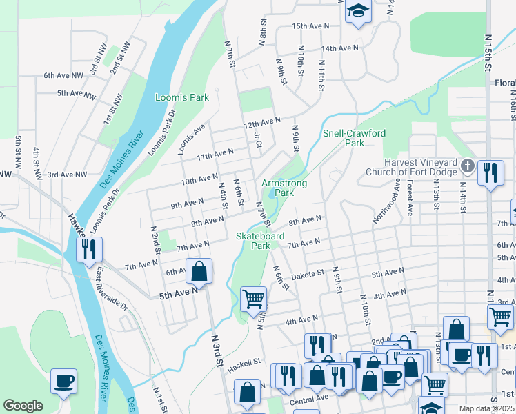 map of restaurants, bars, coffee shops, grocery stores, and more near in Fort Dodge