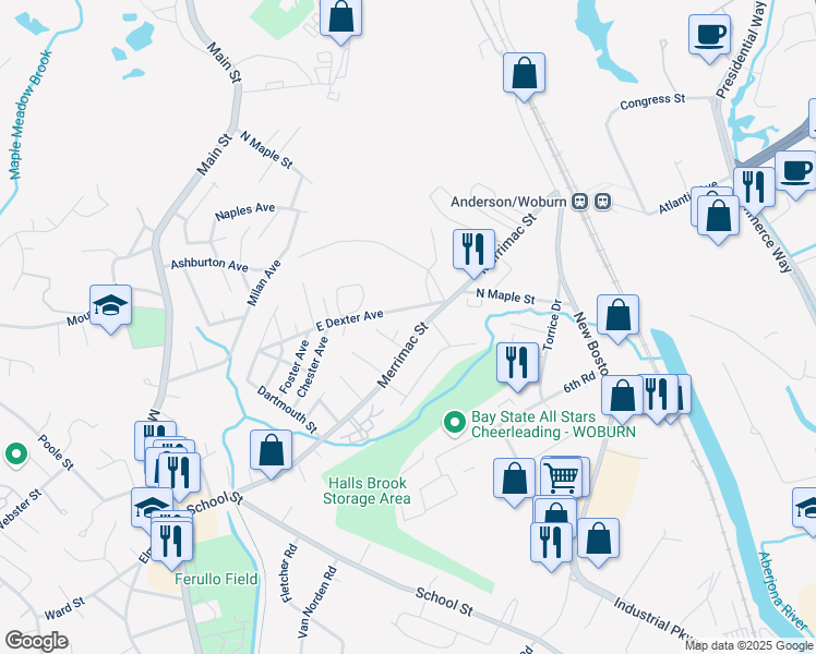 map of restaurants, bars, coffee shops, grocery stores, and more near 85 Merrimac Street in Woburn