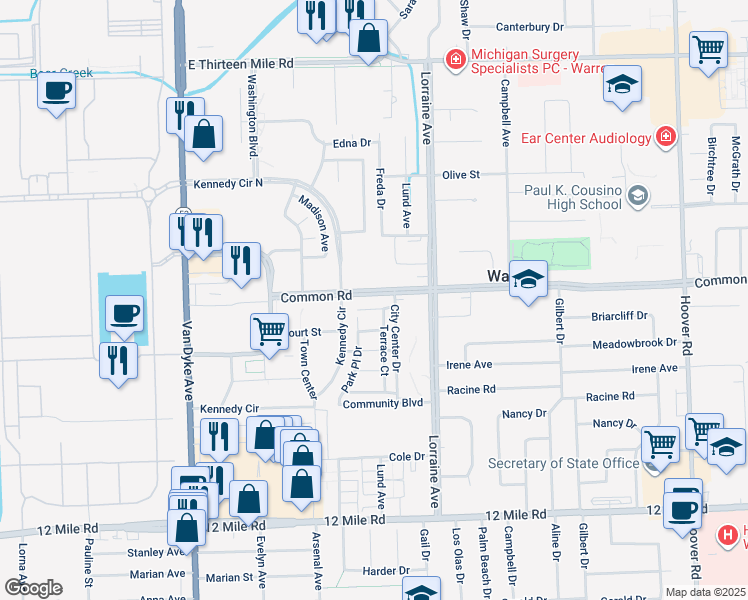 map of restaurants, bars, coffee shops, grocery stores, and more near 29930 Terrace Court in Warren