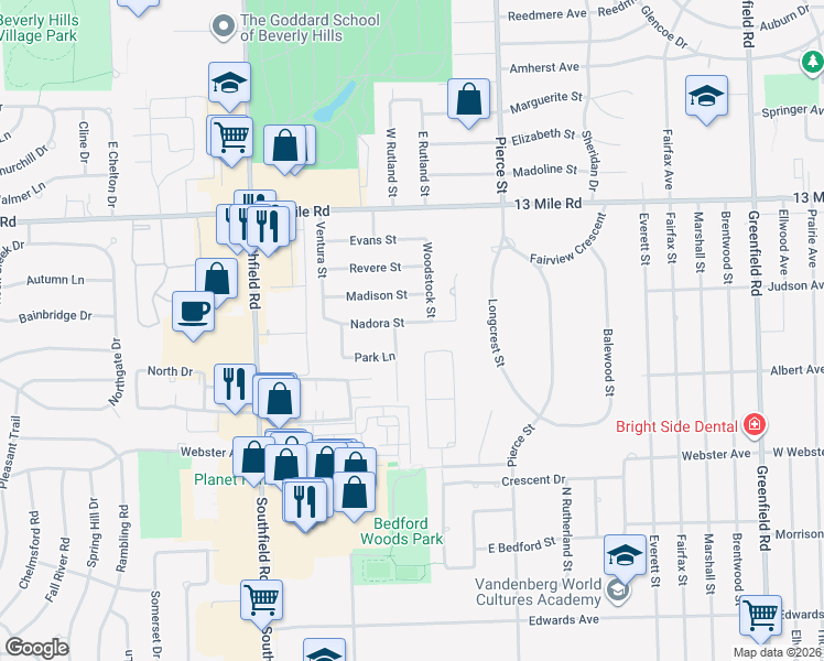 map of restaurants, bars, coffee shops, grocery stores, and more near 30119 Sparkleberry Drive in Southfield