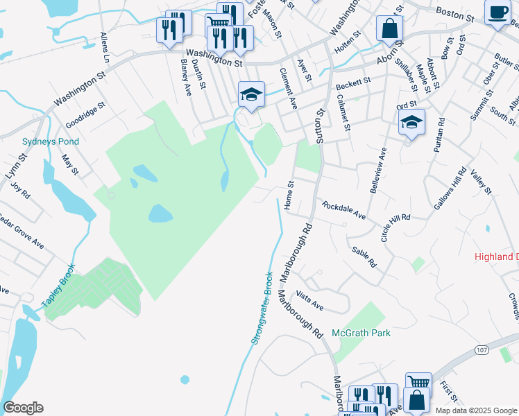 map of restaurants, bars, coffee shops, grocery stores, and more near 22 Sherwood Avenue in Peabody