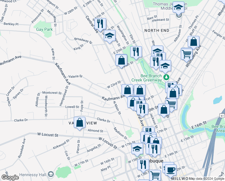 map of restaurants, bars, coffee shops, grocery stores, and more near 275 Valeria Street in Dubuque