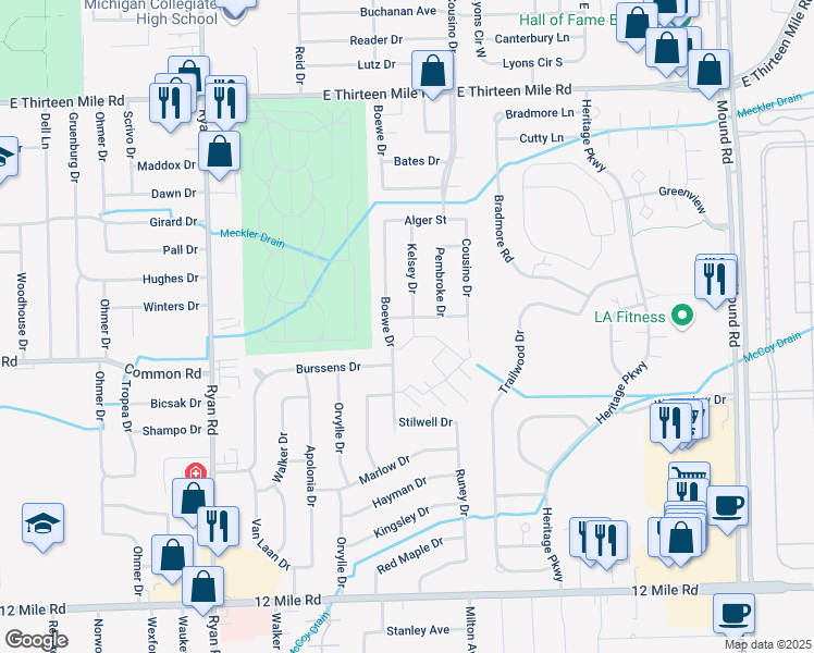 map of restaurants, bars, coffee shops, grocery stores, and more near 4726 Muriel Drive in Warren