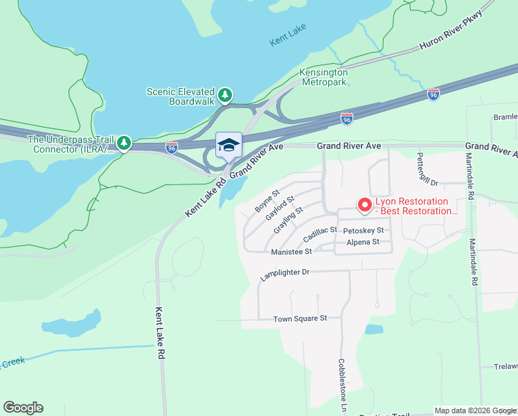 map of restaurants, bars, coffee shops, grocery stores, and more near 411 Boyne Street in Lyon charter Township