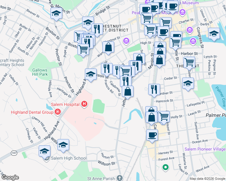map of restaurants, bars, coffee shops, grocery stores, and more near 34 Jackson Street in Salem