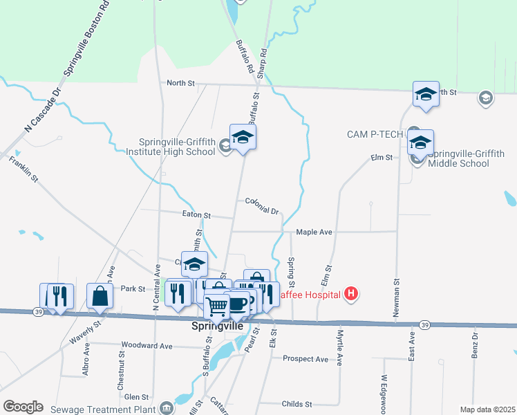 map of restaurants, bars, coffee shops, grocery stores, and more near 60 Colonial Drive in Springville