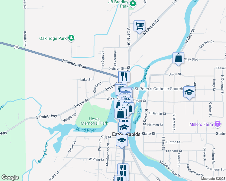 map of restaurants, bars, coffee shops, grocery stores, and more near 110 Brook Street in Eaton Rapids