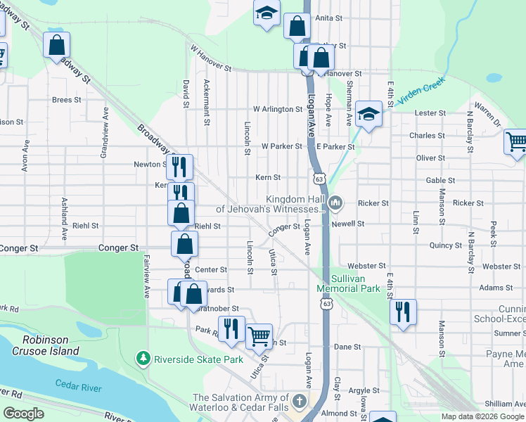 map of restaurants, bars, coffee shops, grocery stores, and more near 212 Reed Street in Waterloo