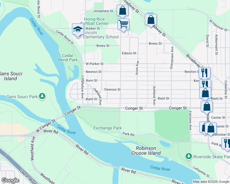 map of restaurants, bars, coffee shops, grocery stores, and more near 917-1/2 Burton Avenue in Waterloo