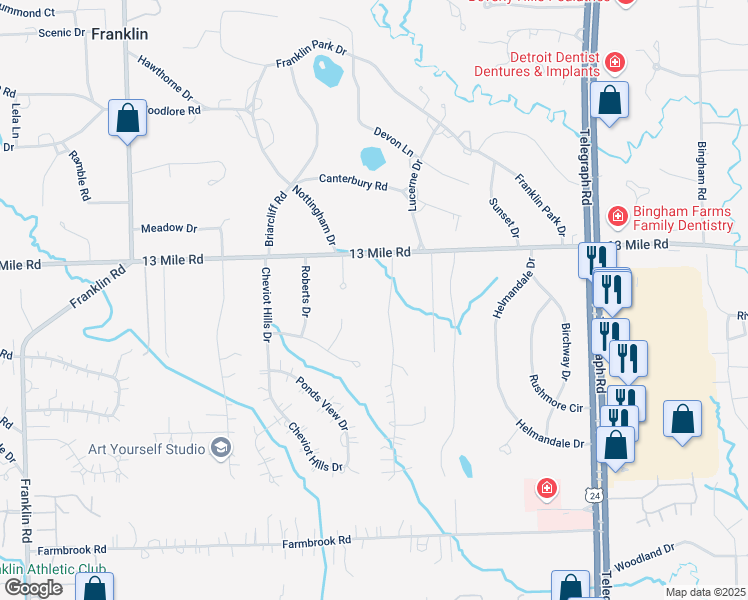 map of restaurants, bars, coffee shops, grocery stores, and more near 30887 Hickory Lane in Franklin