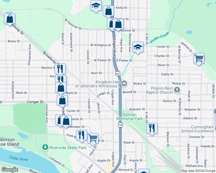 map of restaurants, bars, coffee shops, grocery stores, and more near 212 Cutler Street in Waterloo
