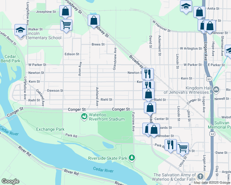 map of restaurants, bars, coffee shops, grocery stores, and more near 661 Dawson Street in Waterloo