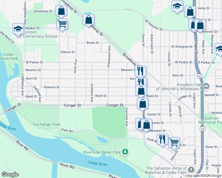 map of restaurants, bars, coffee shops, grocery stores, and more near 920 Grandview Avenue in Waterloo