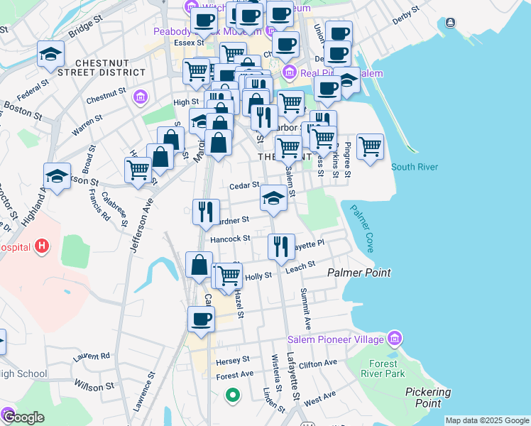 map of restaurants, bars, coffee shops, grocery stores, and more near 194 Lafayette Street in Salem