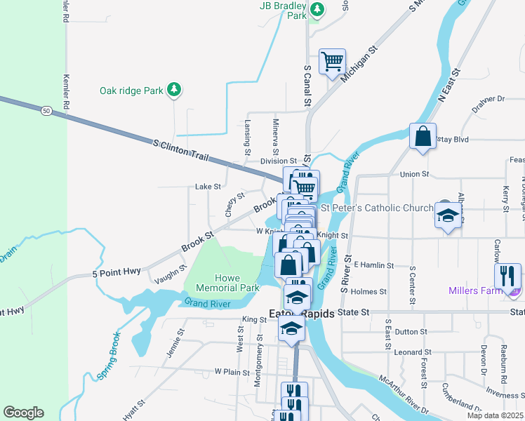 map of restaurants, bars, coffee shops, grocery stores, and more near 223 North Main Street in Eaton Rapids