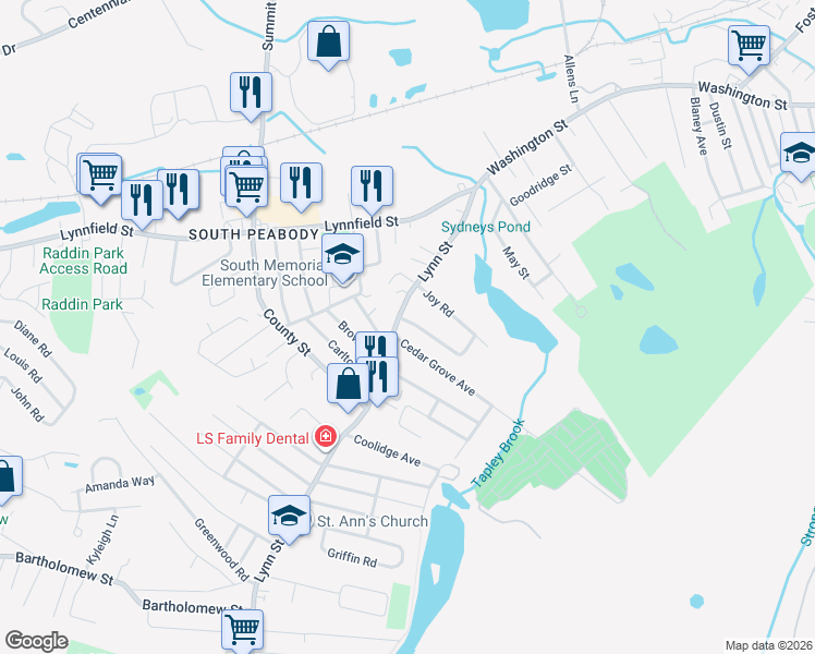 map of restaurants, bars, coffee shops, grocery stores, and more near 58 Lynn Street in Peabody