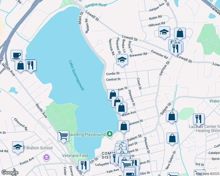 map of restaurants, bars, coffee shops, grocery stores, and more near 190 Main Street in Wakefield