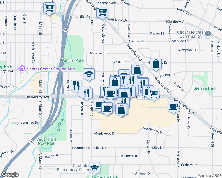 map of restaurants, bars, coffee shops, grocery stores, and more near 2527 Royal Drive in Cedar Falls