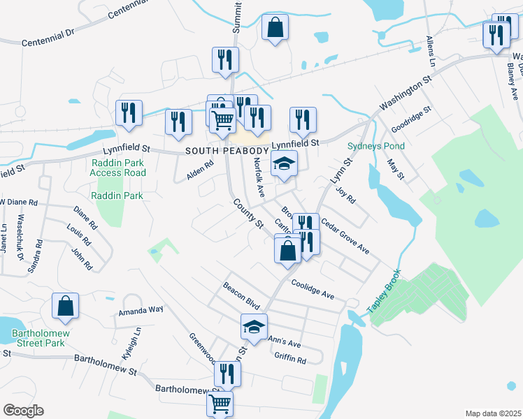 map of restaurants, bars, coffee shops, grocery stores, and more near 27 Norfolk Avenue in Peabody