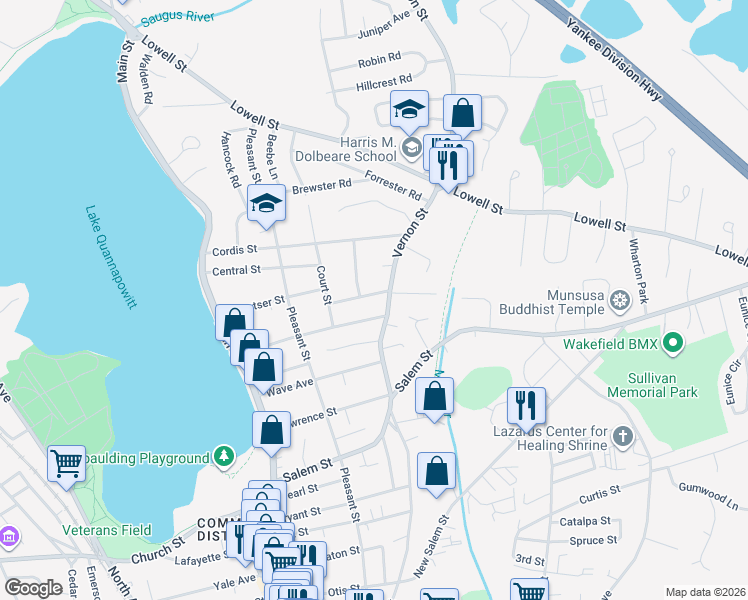 map of restaurants, bars, coffee shops, grocery stores, and more near 5 Eastern Avenue in Wakefield