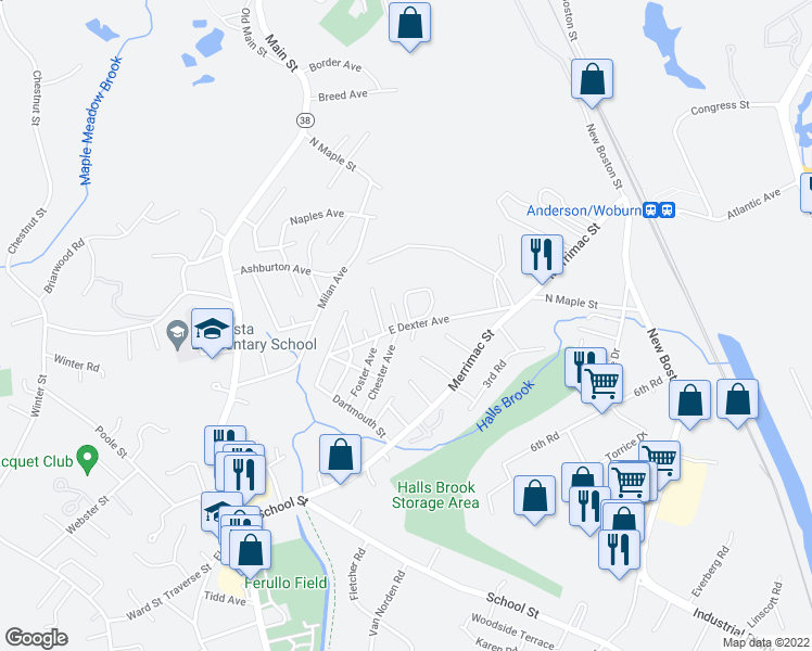 map of restaurants, bars, coffee shops, grocery stores, and more near 26 Baldwin Avenue in Woburn
