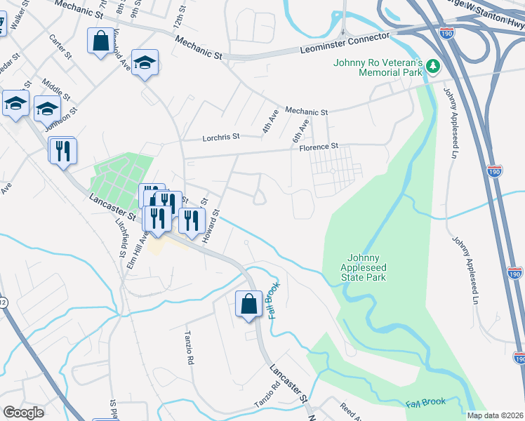 map of restaurants, bars, coffee shops, grocery stores, and more near 62 Macintosh Lane in Leominster