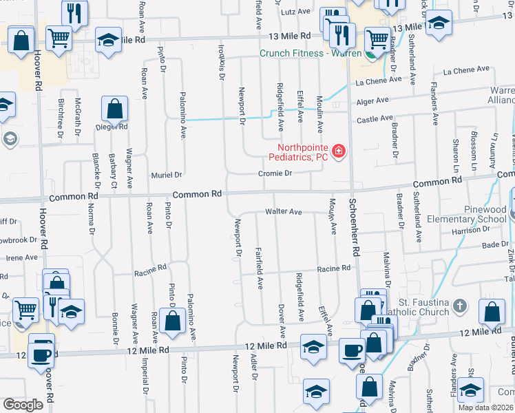 map of restaurants, bars, coffee shops, grocery stores, and more near 13028 Common Road in Warren