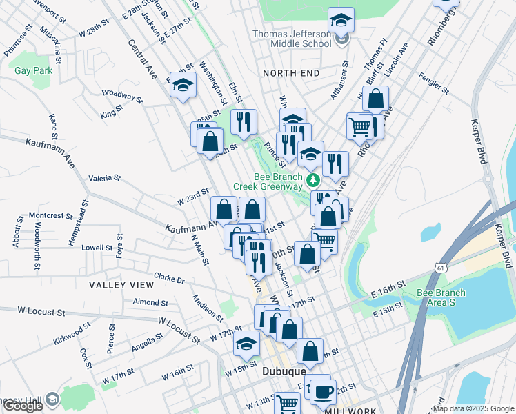 map of restaurants, bars, coffee shops, grocery stores, and more near 2201 Washington Street in Dubuque