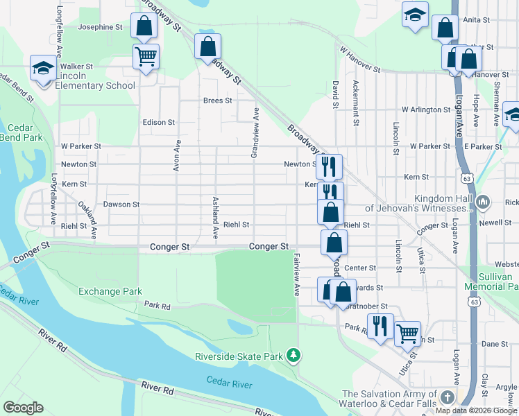 map of restaurants, bars, coffee shops, grocery stores, and more near 920 Grandview Avenue in Waterloo