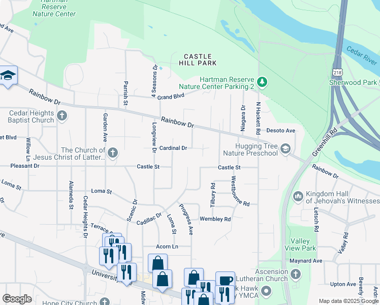 map of restaurants, bars, coffee shops, grocery stores, and more near 2114 Cardinal Dr in Waterloo