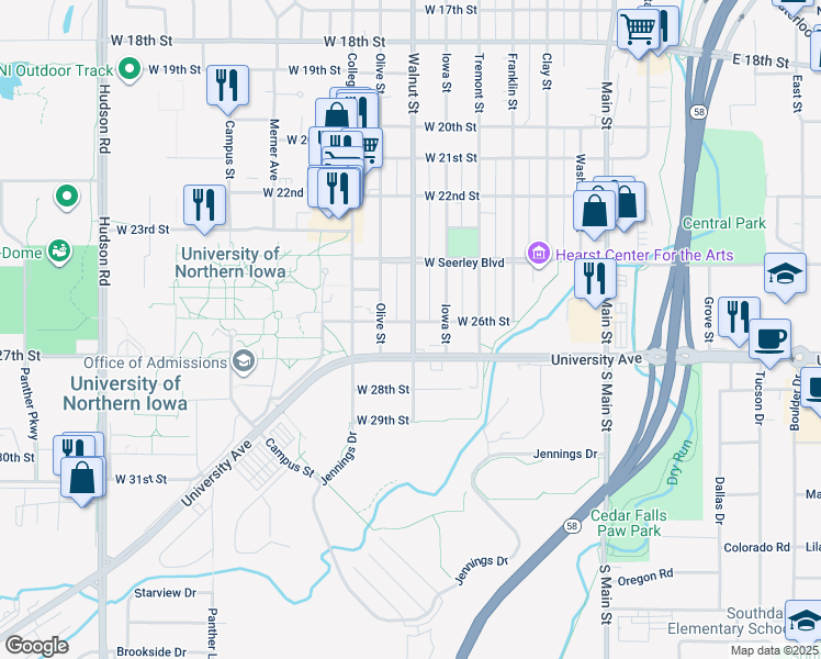 map of restaurants, bars, coffee shops, grocery stores, and more near 2515 Walnut Street in Cedar Falls
