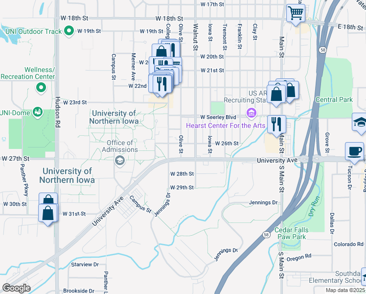 map of restaurants, bars, coffee shops, grocery stores, and more near 2515 Walnut Street in Cedar Falls