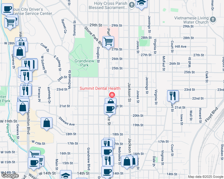 map of restaurants, bars, coffee shops, grocery stores, and more near 2308 Pierce Street in Sioux City