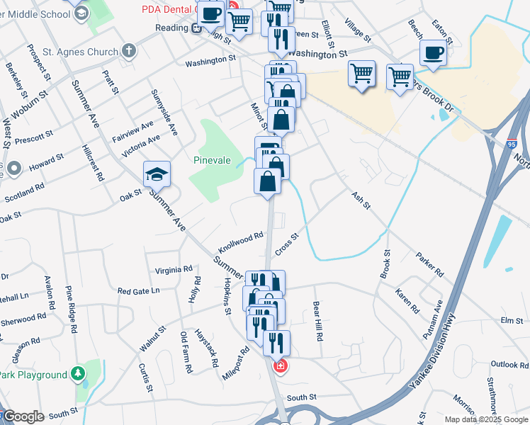 map of restaurants, bars, coffee shops, grocery stores, and more near 12 Pinevale Avenue in Reading