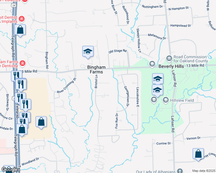 map of restaurants, bars, coffee shops, grocery stores, and more near 23100 Sager Court in Bingham Farms