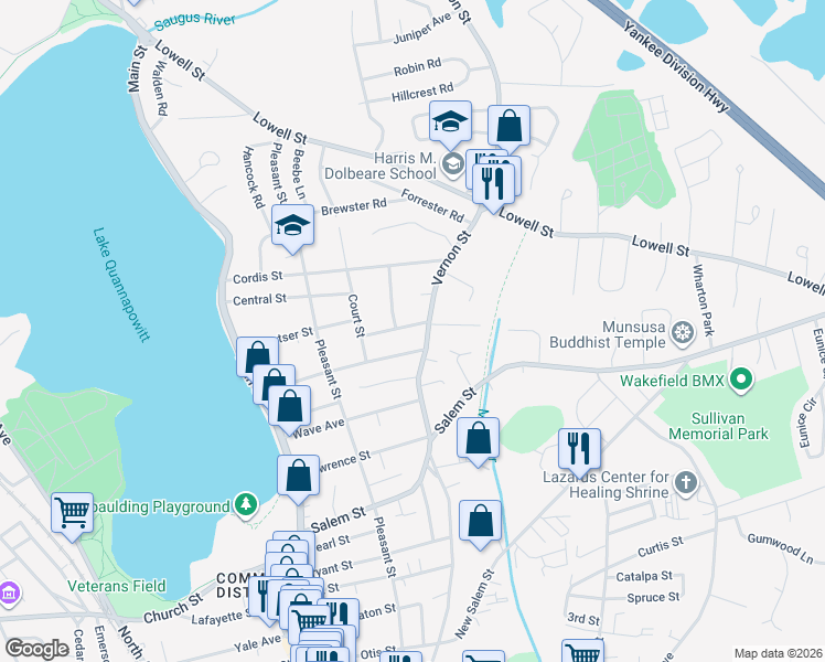 map of restaurants, bars, coffee shops, grocery stores, and more near 5 Eastern Avenue in Wakefield