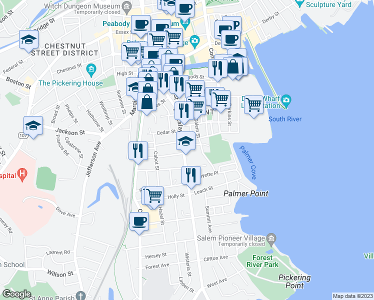 map of restaurants, bars, coffee shops, grocery stores, and more near 199 Lafayette Street in Salem