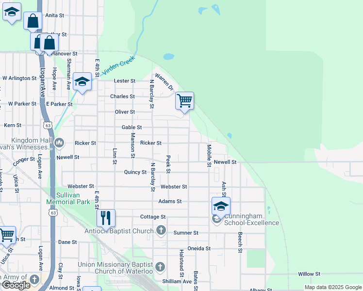map of restaurants, bars, coffee shops, grocery stores, and more near 713 Ricker Street in Waterloo