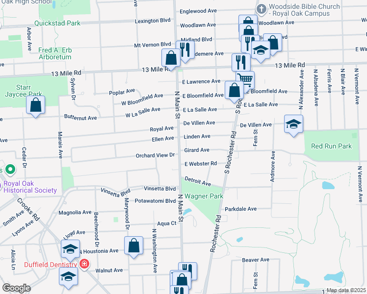 map of restaurants, bars, coffee shops, grocery stores, and more near 2722 North Main Street in Royal Oak