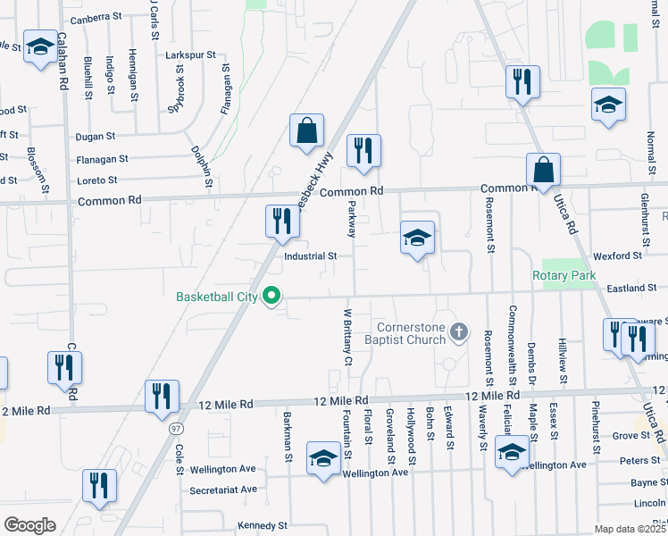 map of restaurants, bars, coffee shops, grocery stores, and more near 16525 Industrial Street in Roseville