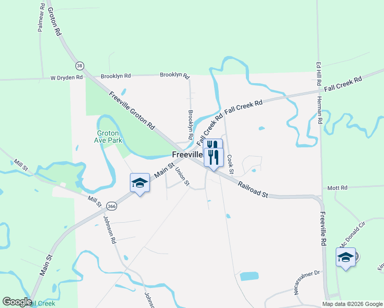 map of restaurants, bars, coffee shops, grocery stores, and more near 1 Heath Place in Freeville