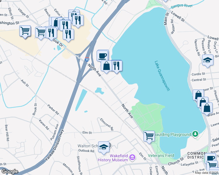 map of restaurants, bars, coffee shops, grocery stores, and more near 598 North Avenue in Wakefield