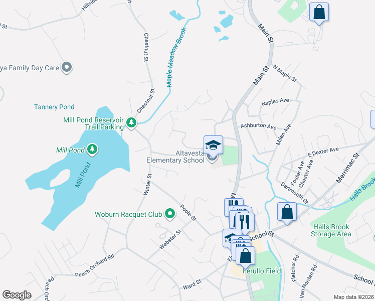 map of restaurants, bars, coffee shops, grocery stores, and more near 47 Mountain Street in Woburn