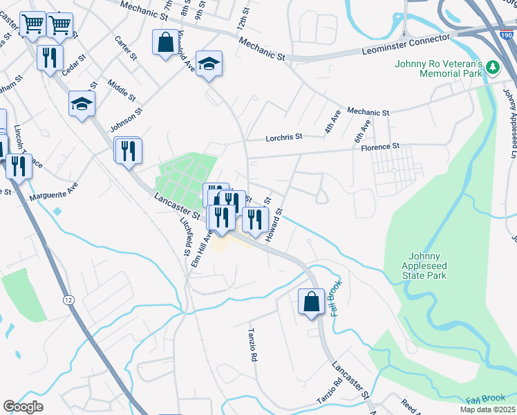 map of restaurants, bars, coffee shops, grocery stores, and more near 235 Viscoloid Avenue in Leominster
