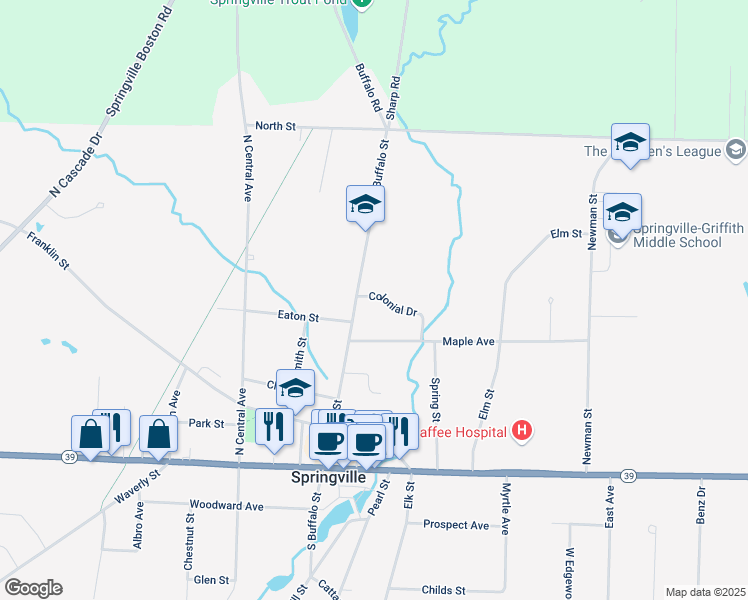 map of restaurants, bars, coffee shops, grocery stores, and more near 212 North Buffalo Street in Springville